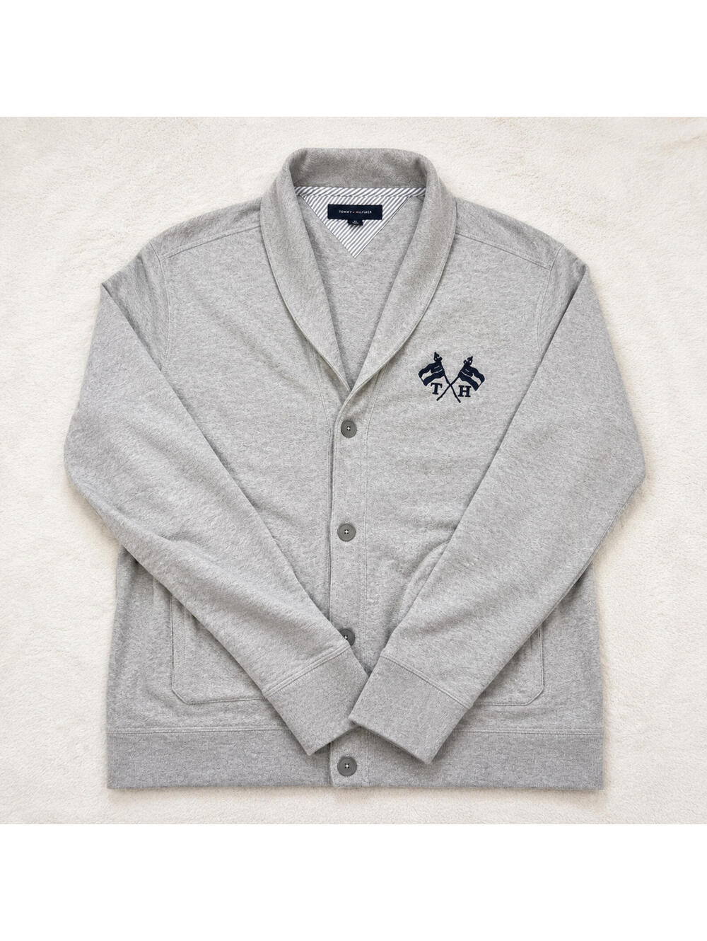 Tommy Hilfiger Shawl Collar Cardigan Sweater Mens Gray Button Front TH Flag Logo